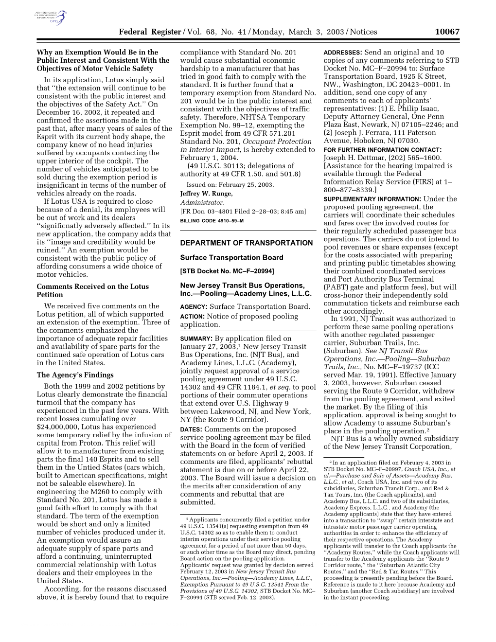 Federal Register/Vol. 68, No. 41/Monday, March 3, 2003/Notices