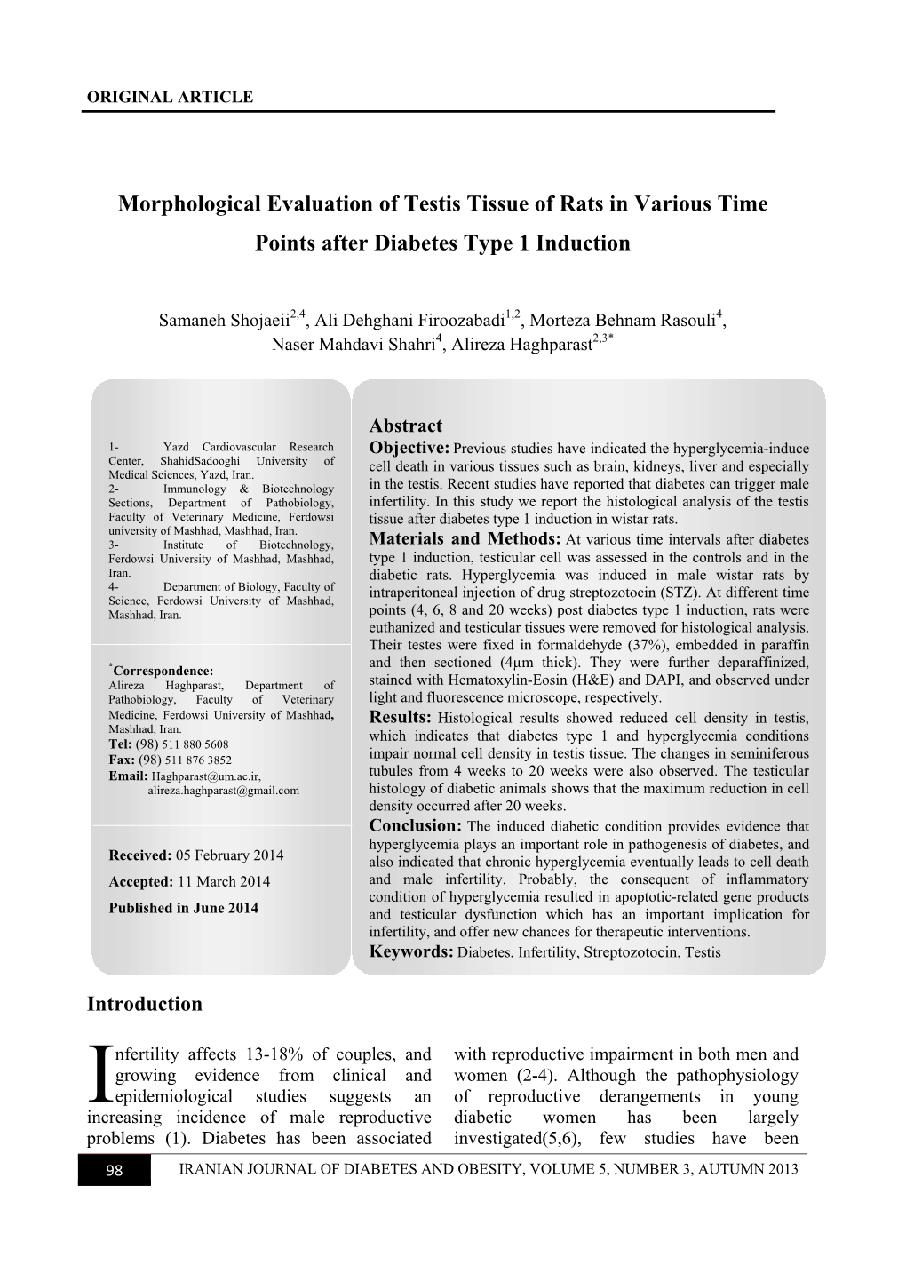 Morphological Evaluation of Testis Tissue of Rats in Various Time Points After Diabetes Type 1 Induction