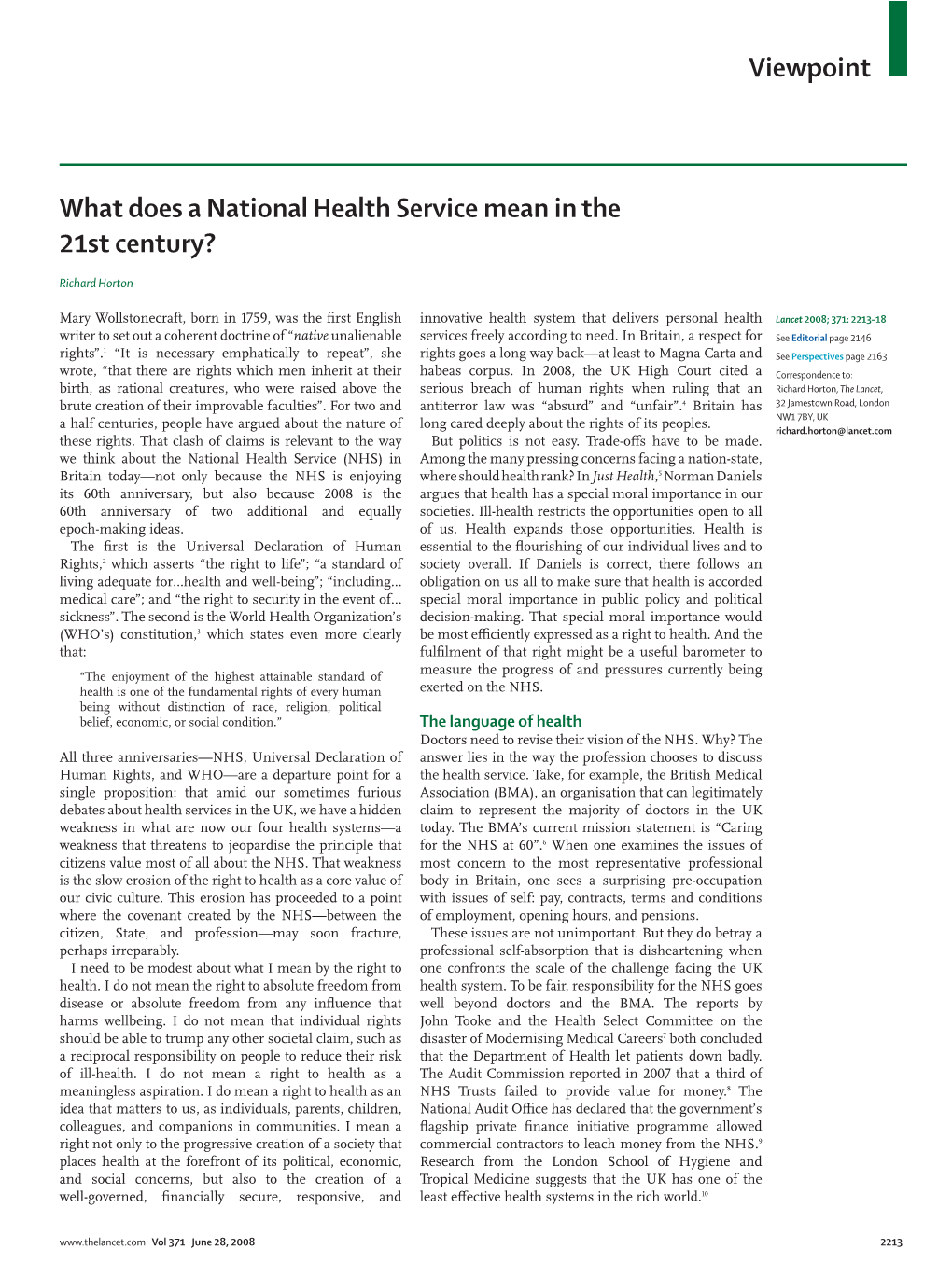 Viewpoint What Does a National Health Service Mean in the 21St
