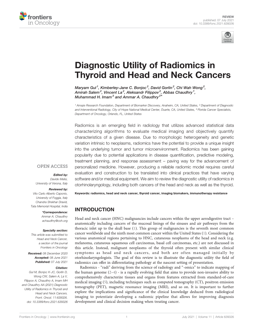 Diagnostic Utility of Radiomics in Thyroid and Head and Neck Cancers