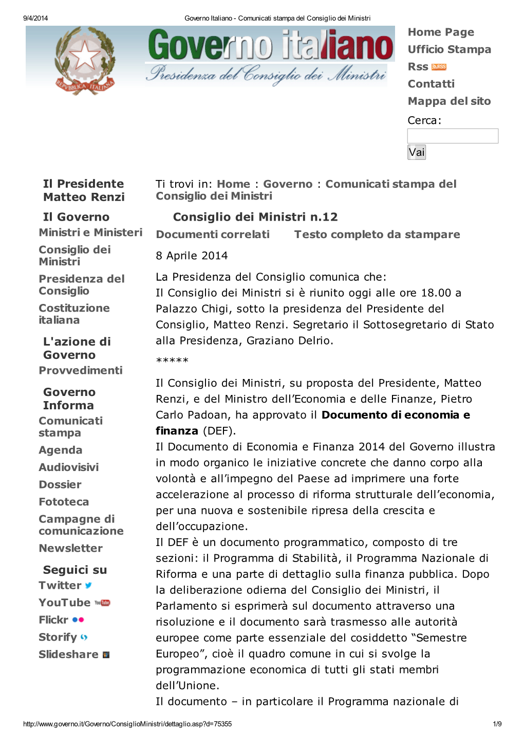 Consiglio Dei Ministri N.12 Il Presidente Matteo Renzi Il Governo L