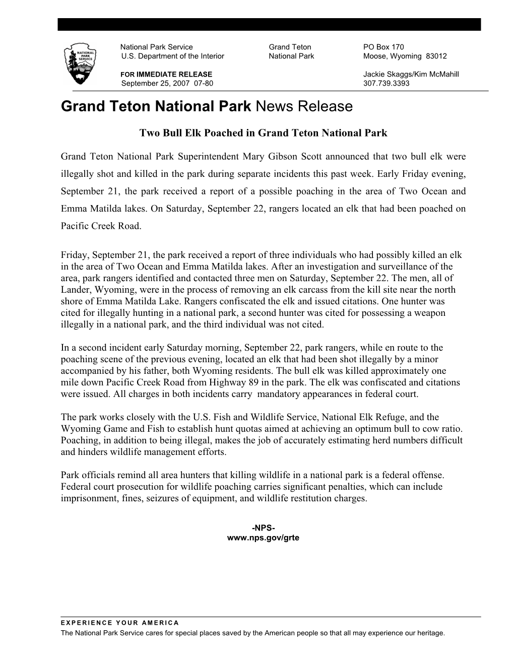 Grand Teton National Park News Release