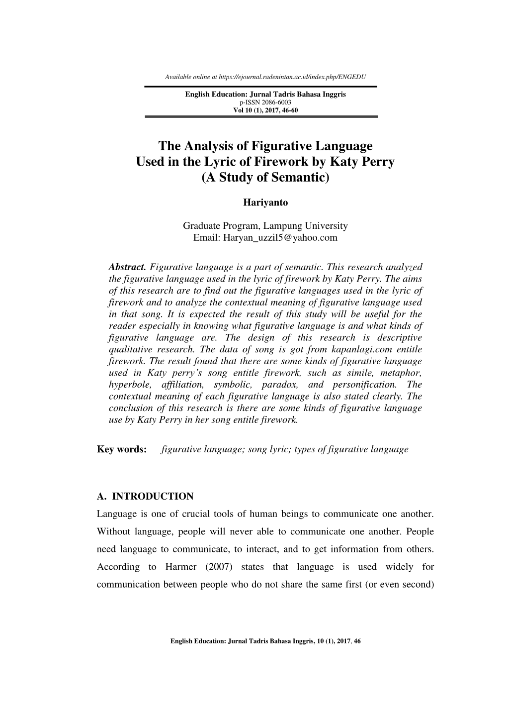 The Analysis of Figurative Language Used in the Lyric of Firework by Katy Perry (A Study of Semantic)