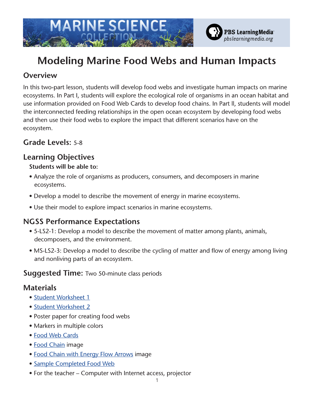 Modeling Marine Food Webs and Human Impacts Overview in This Two-Part Lesson, Students Will Develop Food Webs and Investigate Human Impacts on Marine Ecosystems