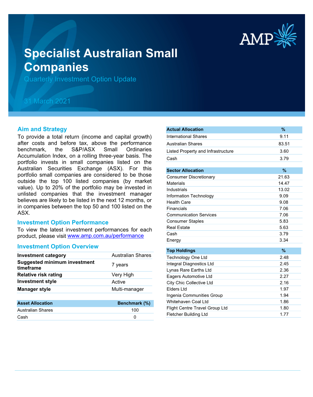 Specialist Australian Small Companies Quarterly Investment Option Update