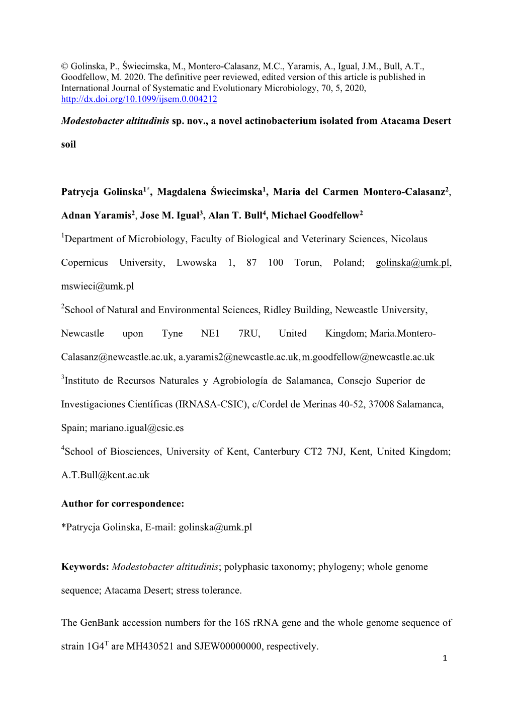 Modestobacter Altitudinis Sp. Nov., a Novel Actinobacterium Isolated from Atacama Desert Soil