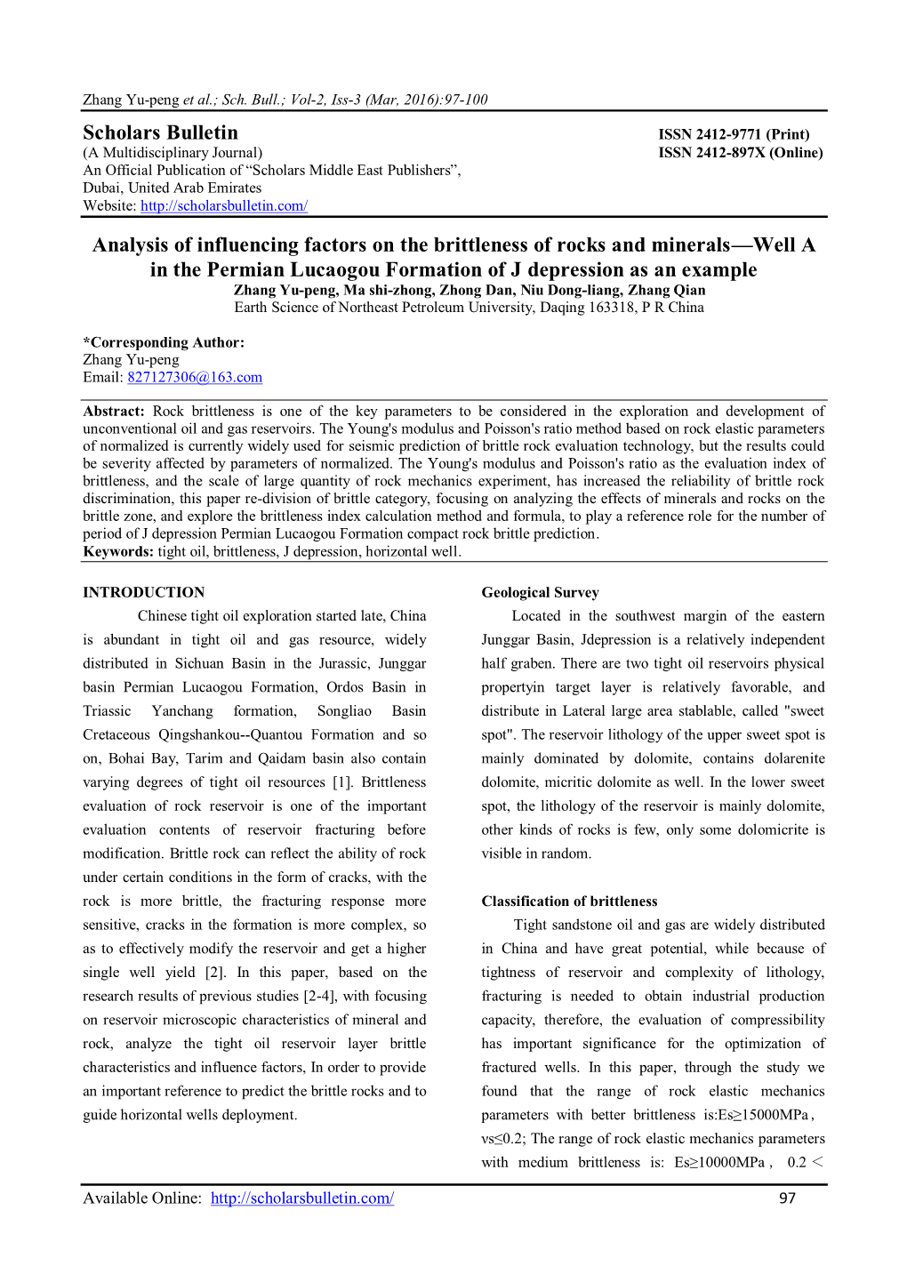 Scholars Bulletin Analysis of Influencing Factors on the Brittleness