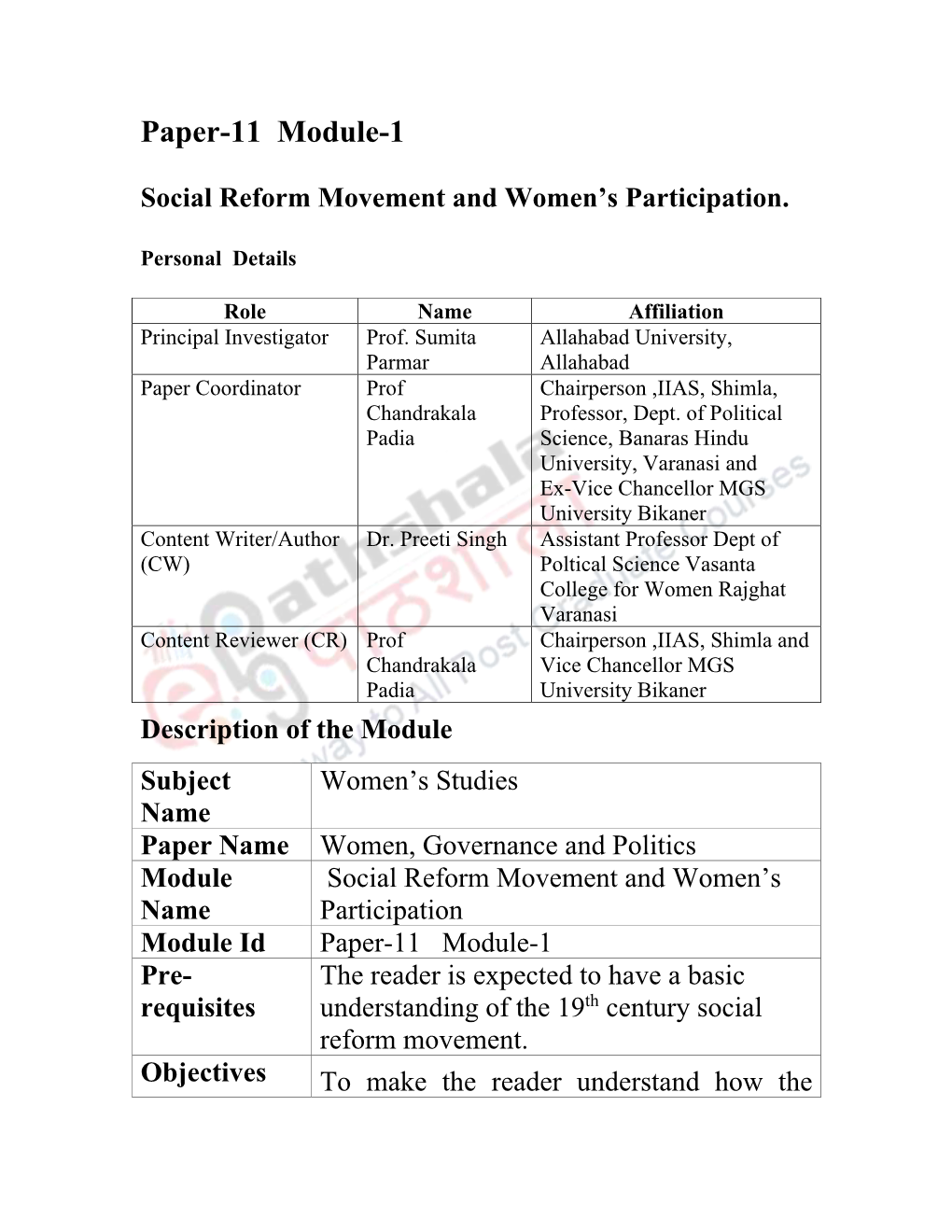 Paper-11 Module-1 Social Reform Movement and Women's