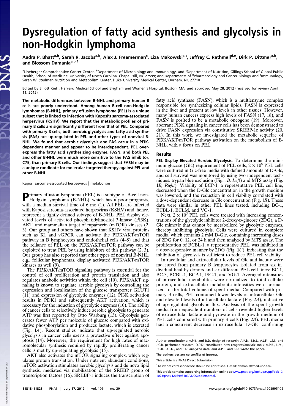 Dysregulation of Fatty Acid Synthesis and Glycolysis in Non-Hodgkin Lymphoma