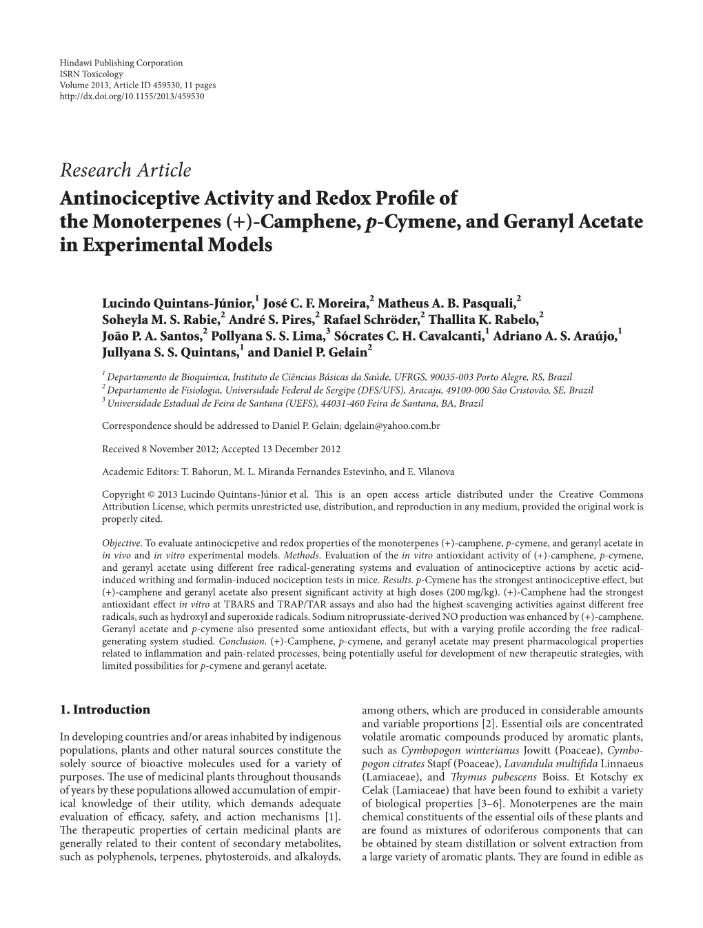 Research Article Antinociceptive Activity and Redox Pro Le of The