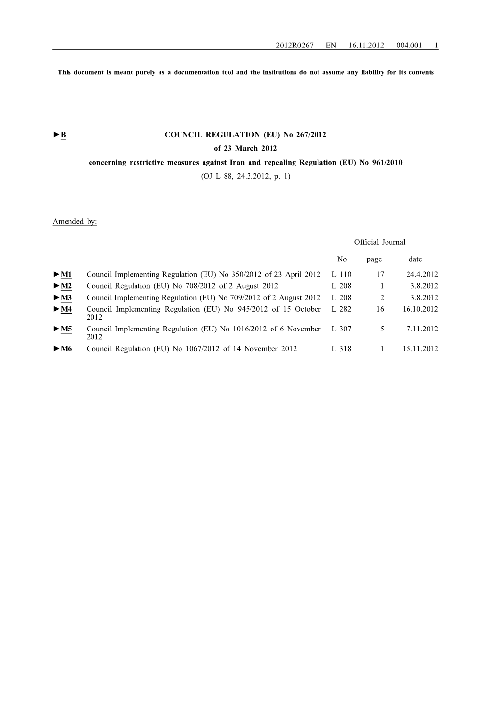 B COUNCIL REGULATION (EU) No 267/2012 of 23 March 2012 Concerning Restrictive Measures Against Iran and Repealing Regulation (EU) No 961/2010 (OJ L 88, 24.3.2012, P