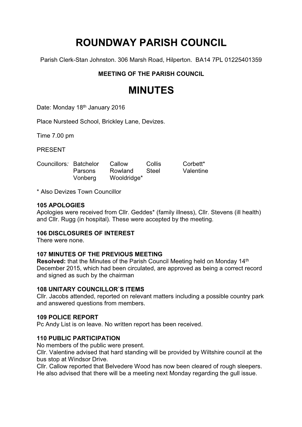 Roundway Parish Council Minutes