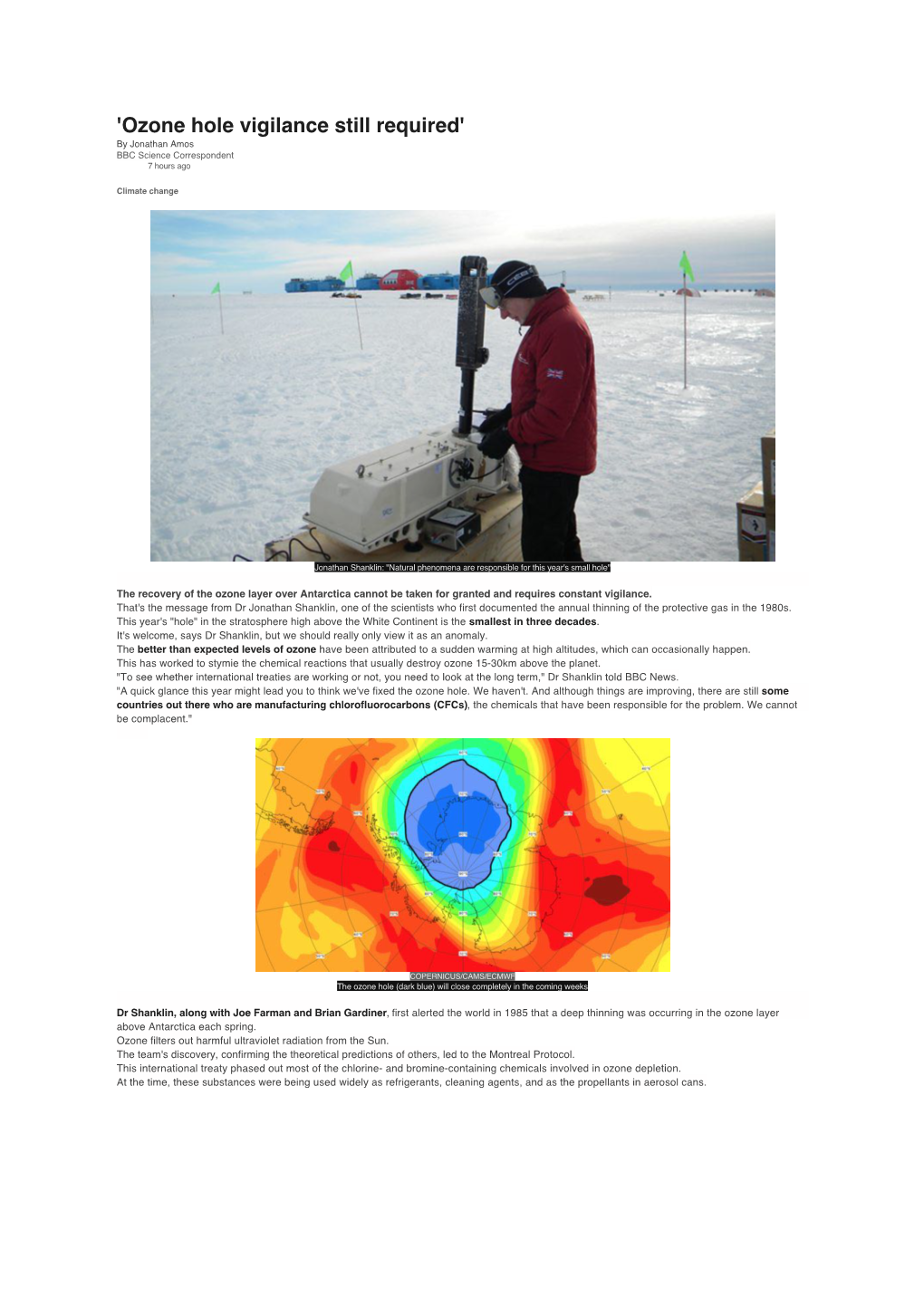 'Ozone Hole Vigilance Still Required' by Jonathan Amos BBC Science Correspondent 7 Hours Ago