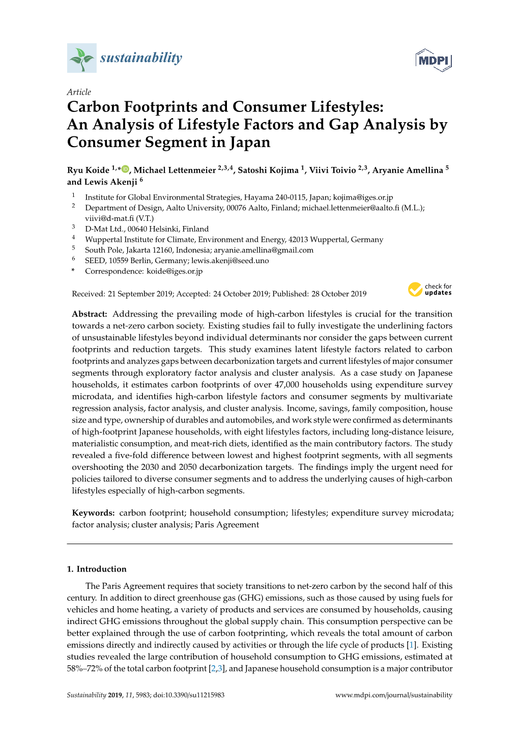 Carbon Footprints and Consumer Lifestyles: an Analysis of Lifestyle Factors and Gap Analysis by Consumer Segment in Japan