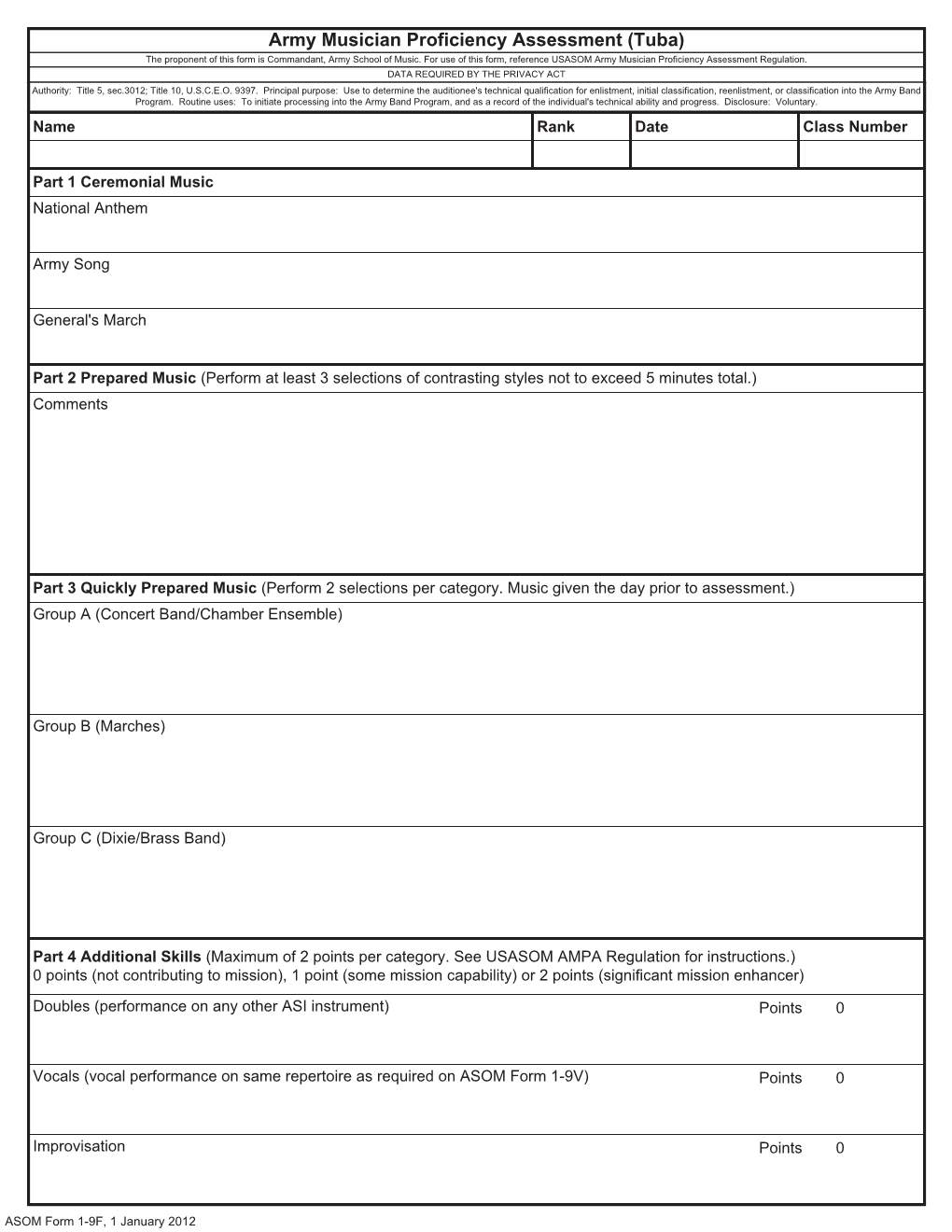 Army Musician Proficiency Assessment (Tuba) the Proponent of This Form Is Commandant, Army School of Music