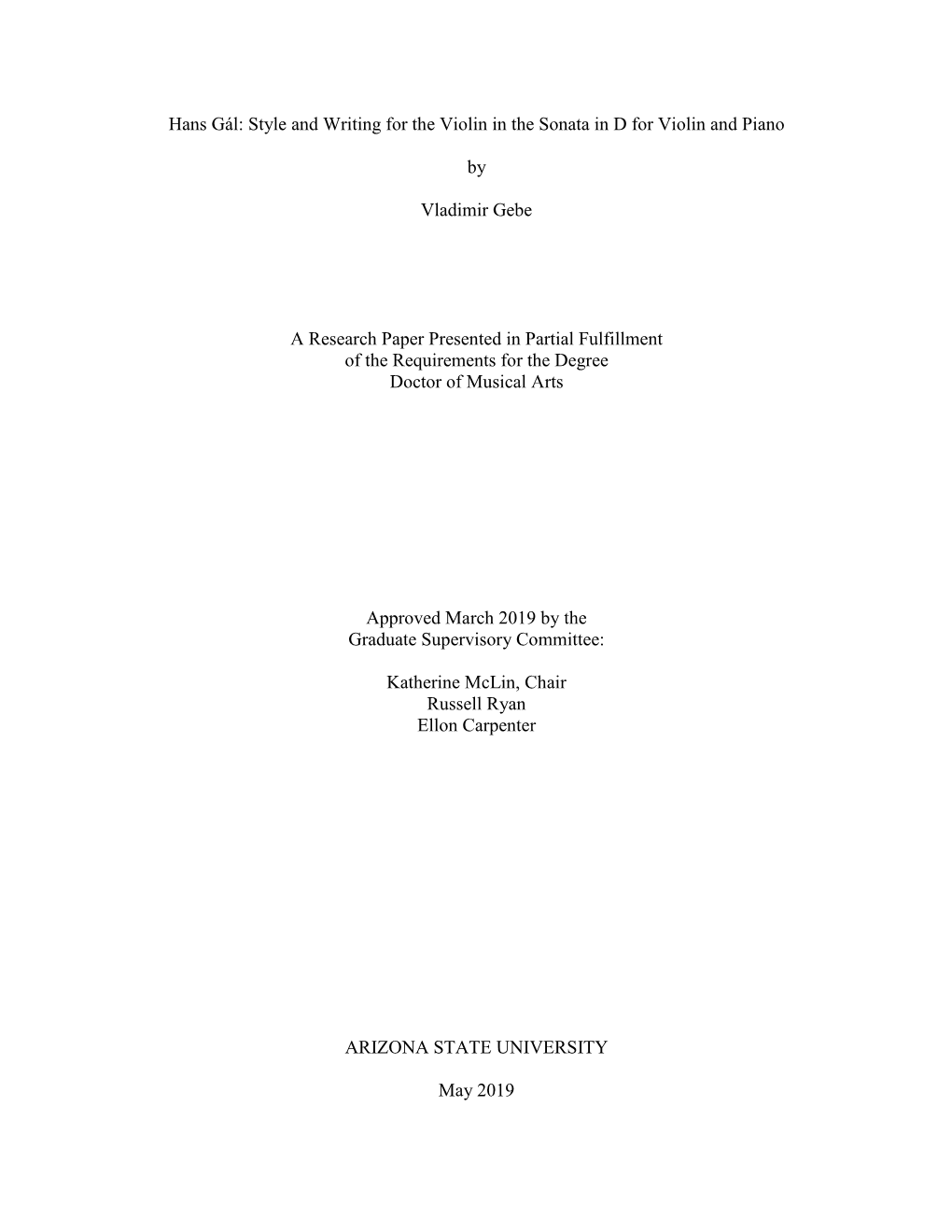 Hans Gál: Style and Writing for the Violin in the Sonata in D for Violin and Piano