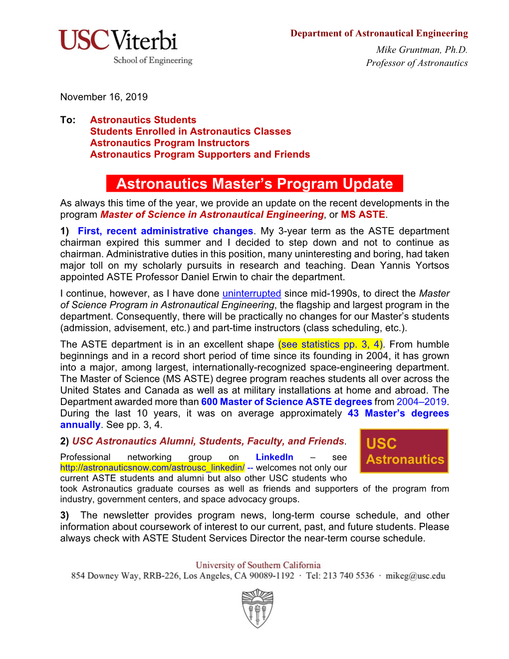 Aster of Science in Astronauticaldepartment Engineering, VSOE/USC,Of Astronautical Novem Engineeringber 2019 Mike Gruntman, Ph.D