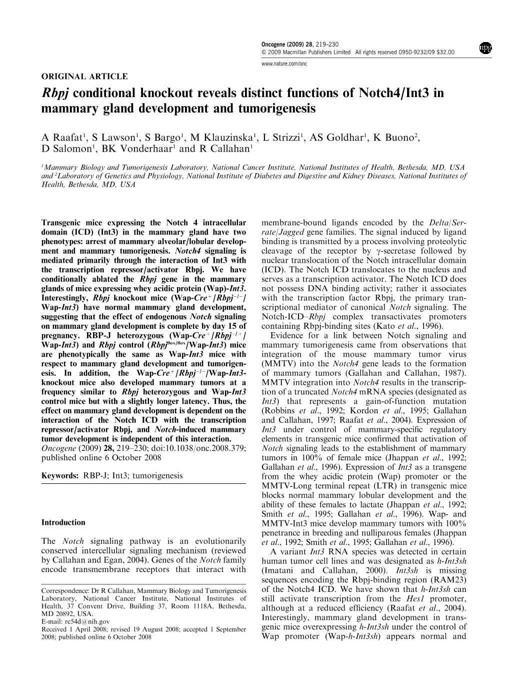 Rbpj Conditional Knockout Reveals Distinct Functions of Notch4/Int3 in Mammary Gland Development and Tumorigenesis