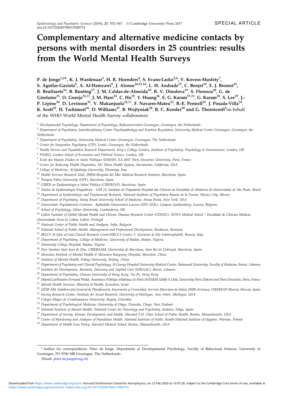 Complementary and Alternative Medicine Contacts by Persons with Mental Disorders in 25 Countries: Results from the World Mental Health Surveys