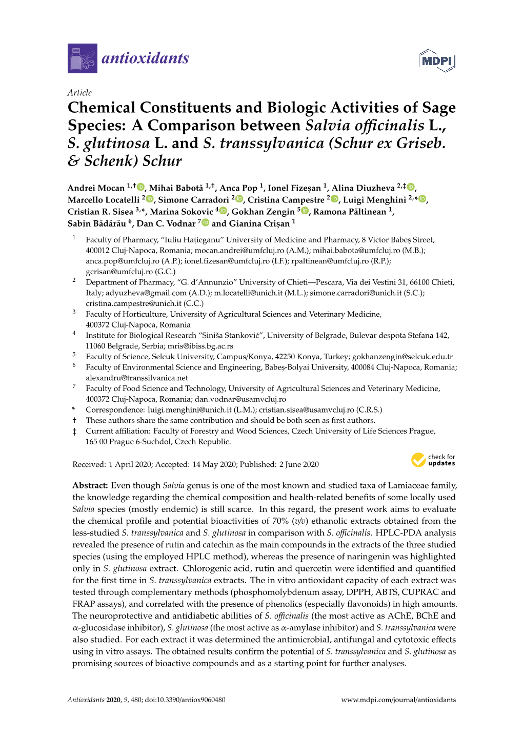 Chemical Constituents and Biologic Activities of Sage Species: a Comparison Between Salvia Officinalis L., S. Glutinosa L. and S. Transsylvanica (Schur Ex Griseb. & Schenk) Schur