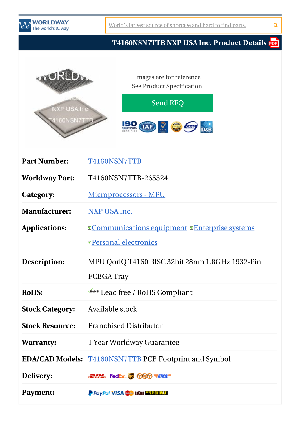 T4160NSN7TTB Datasheet, T4160NSN7TTB NXP USA Inc