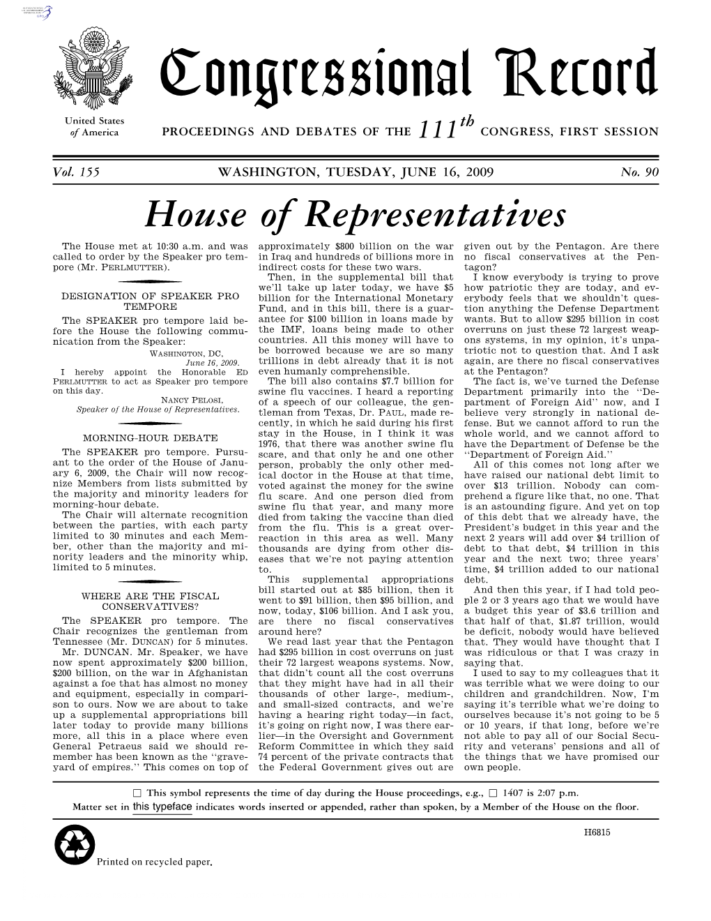 Congressional Record United States Th of America PROCEEDINGS and DEBATES of the 111 CONGRESS, FIRST SESSION