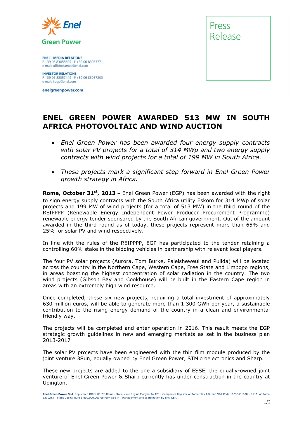 Enel Green Power Awarded 513 Mw in South Africa Photovoltaic and Wind Auction
