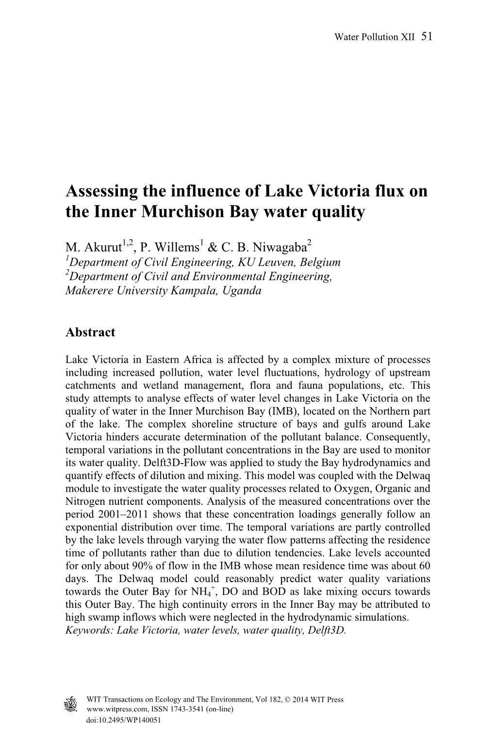 Assessing the Influence of Lake Victoria Flux on the Inner Murchison Bay Water Quality