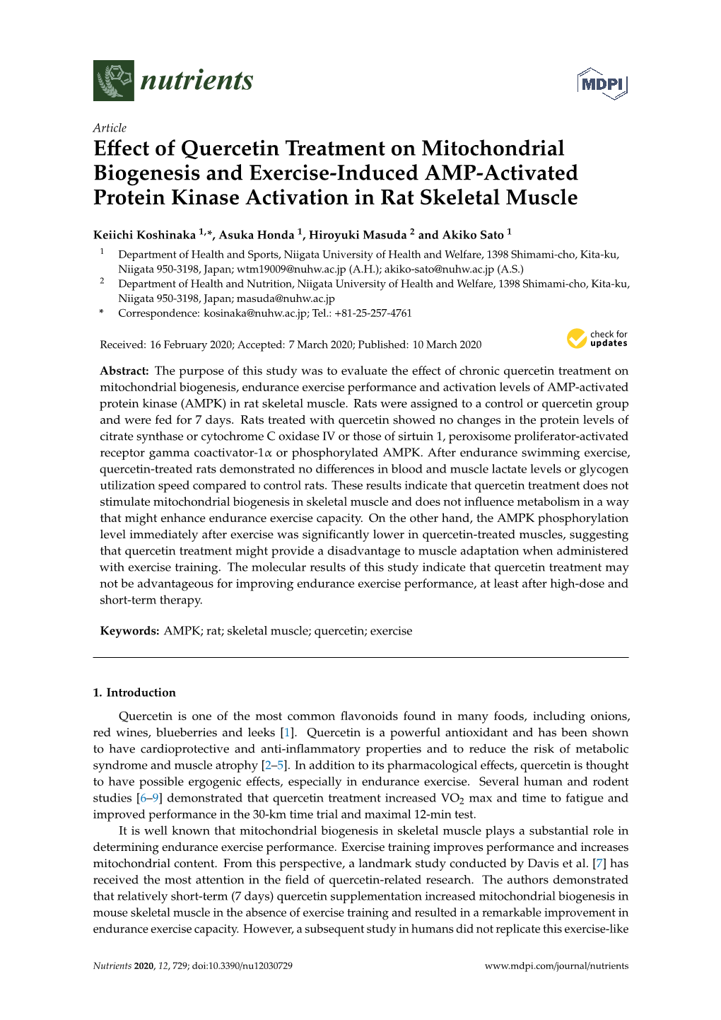 Effect of Quercetin Treatment on Mitochondrial Biogenesis