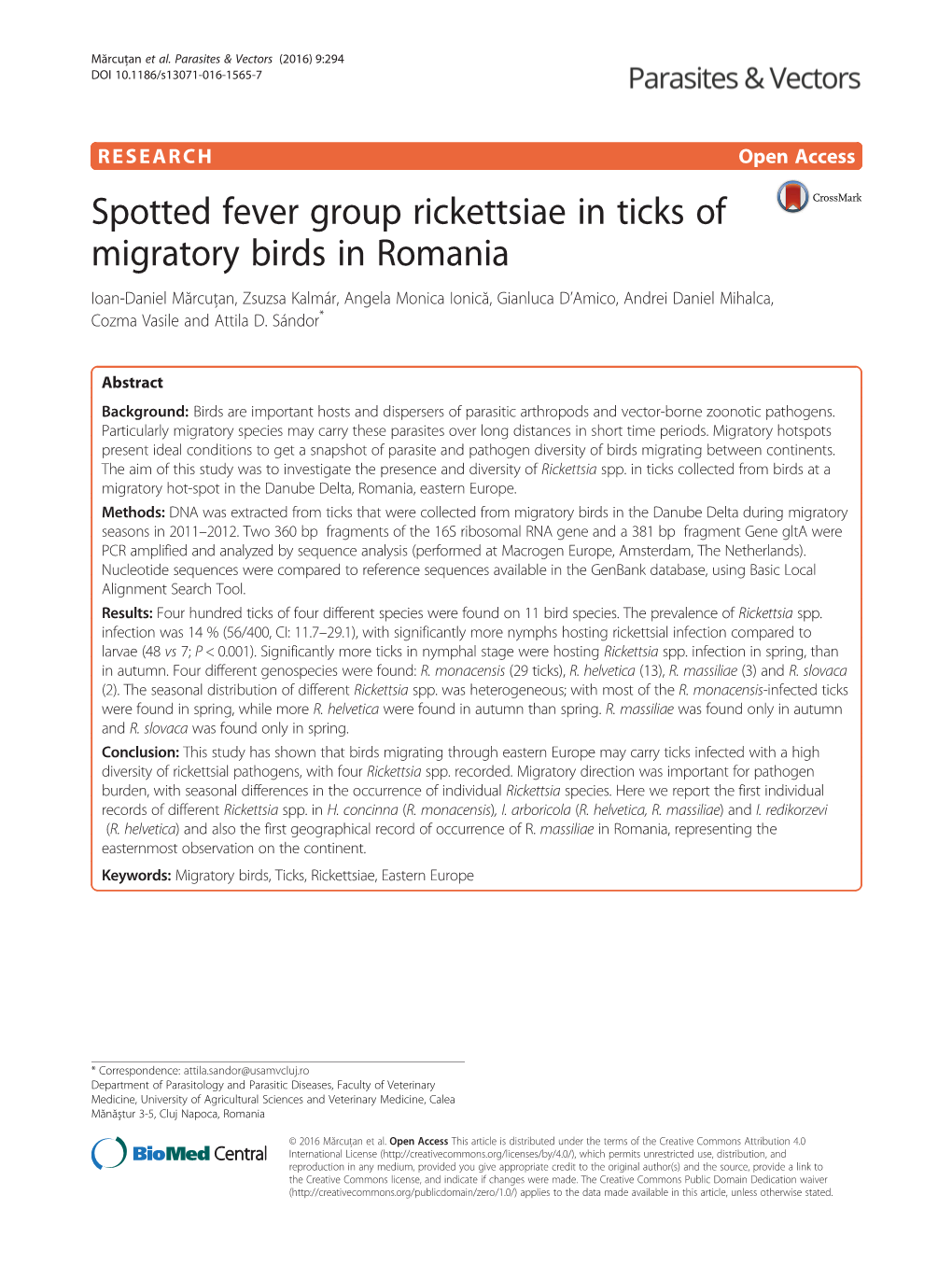 Spotted Fever Group Rickettsiae in Ticks of Migratory Birds in Romania