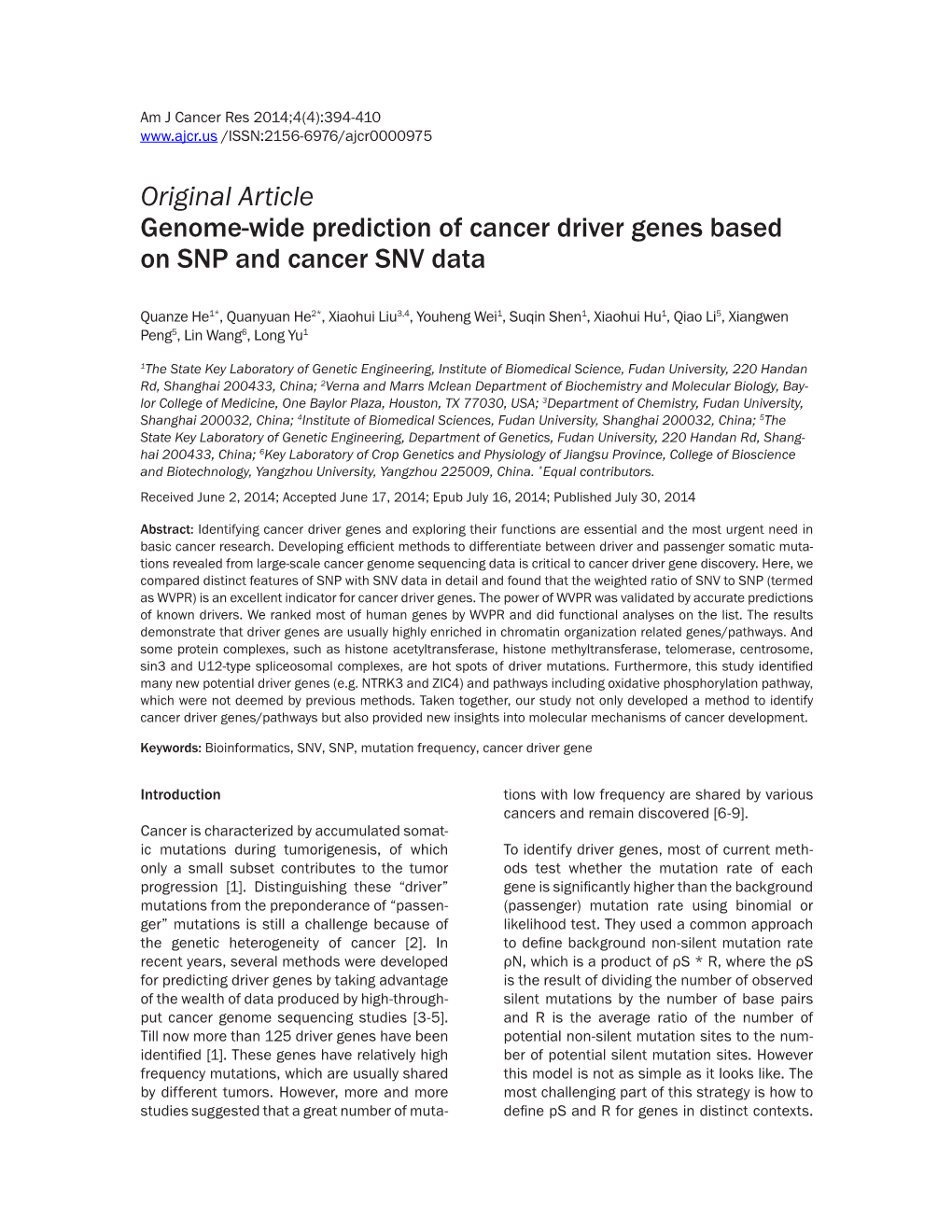 Original Article Genome-Wide Prediction of Cancer Driver Genes Based on SNP and Cancer SNV Data