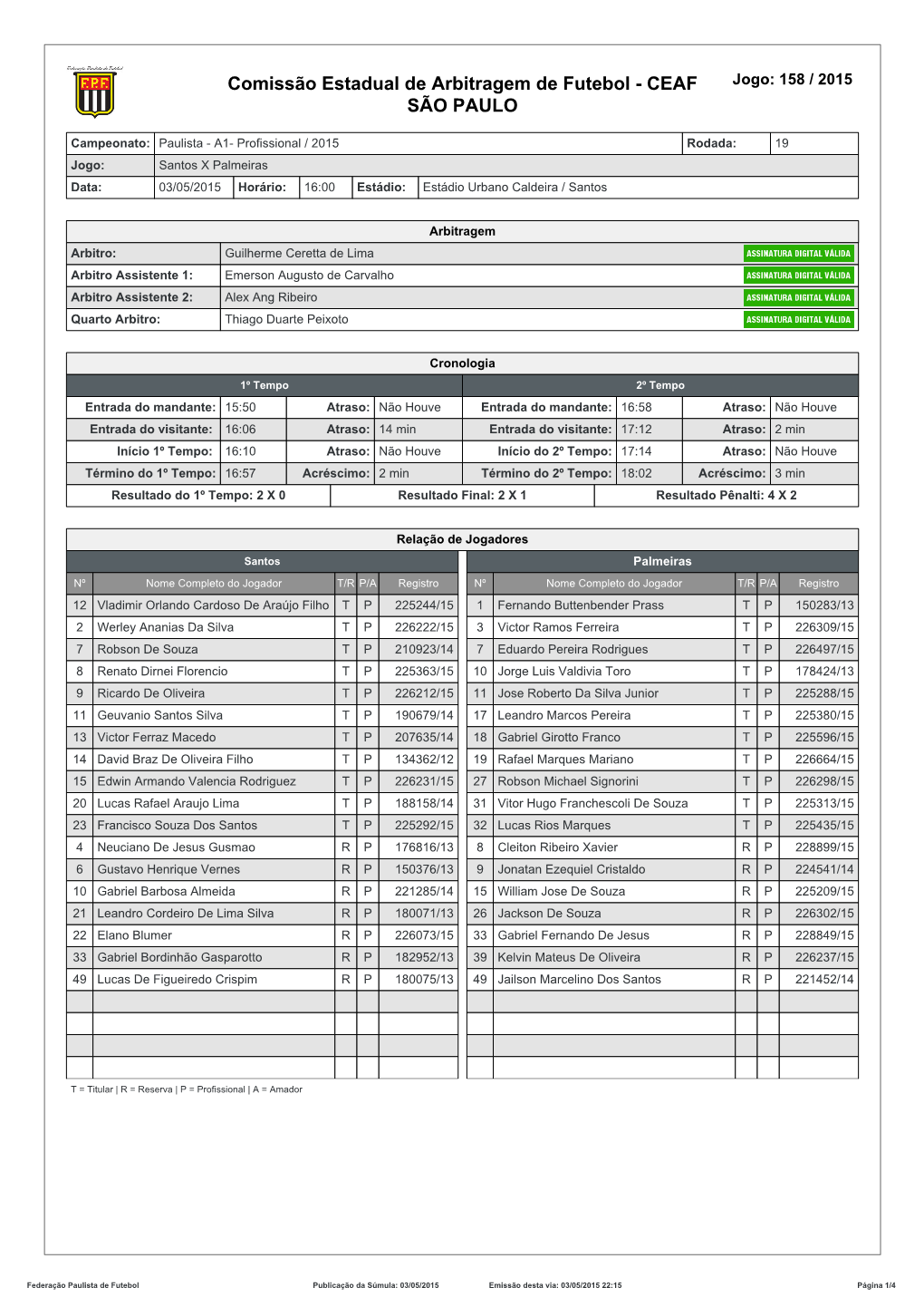 Comissão Estadual De Arbitragem De Futebol - CEAF Jogo: 158 / 2015 SÃO PAULO