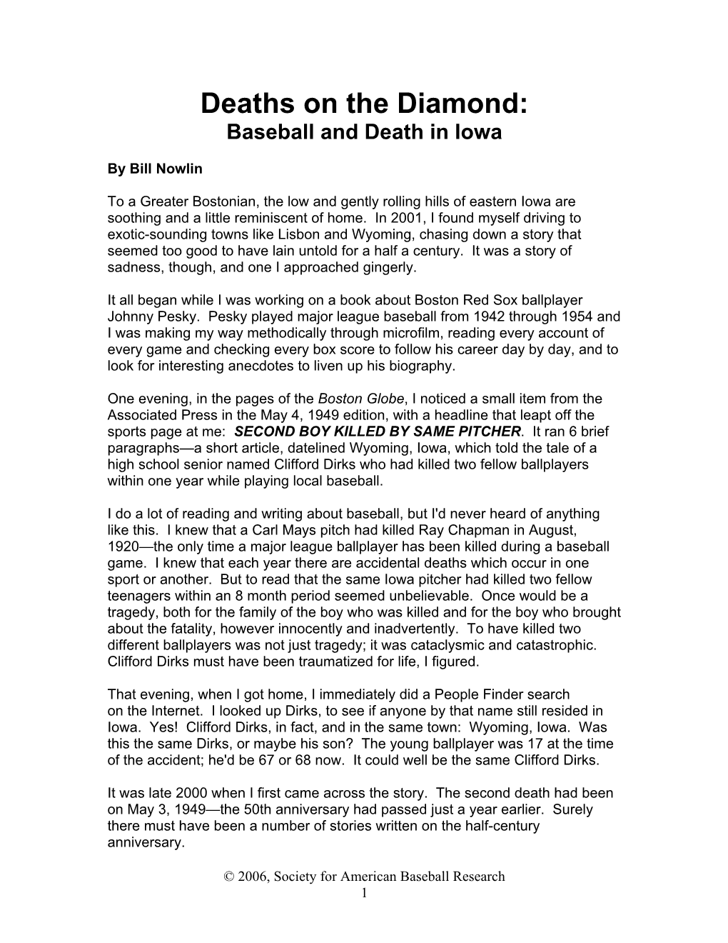 Deaths on the Diamond, Or Baseball & Death in Iowa
