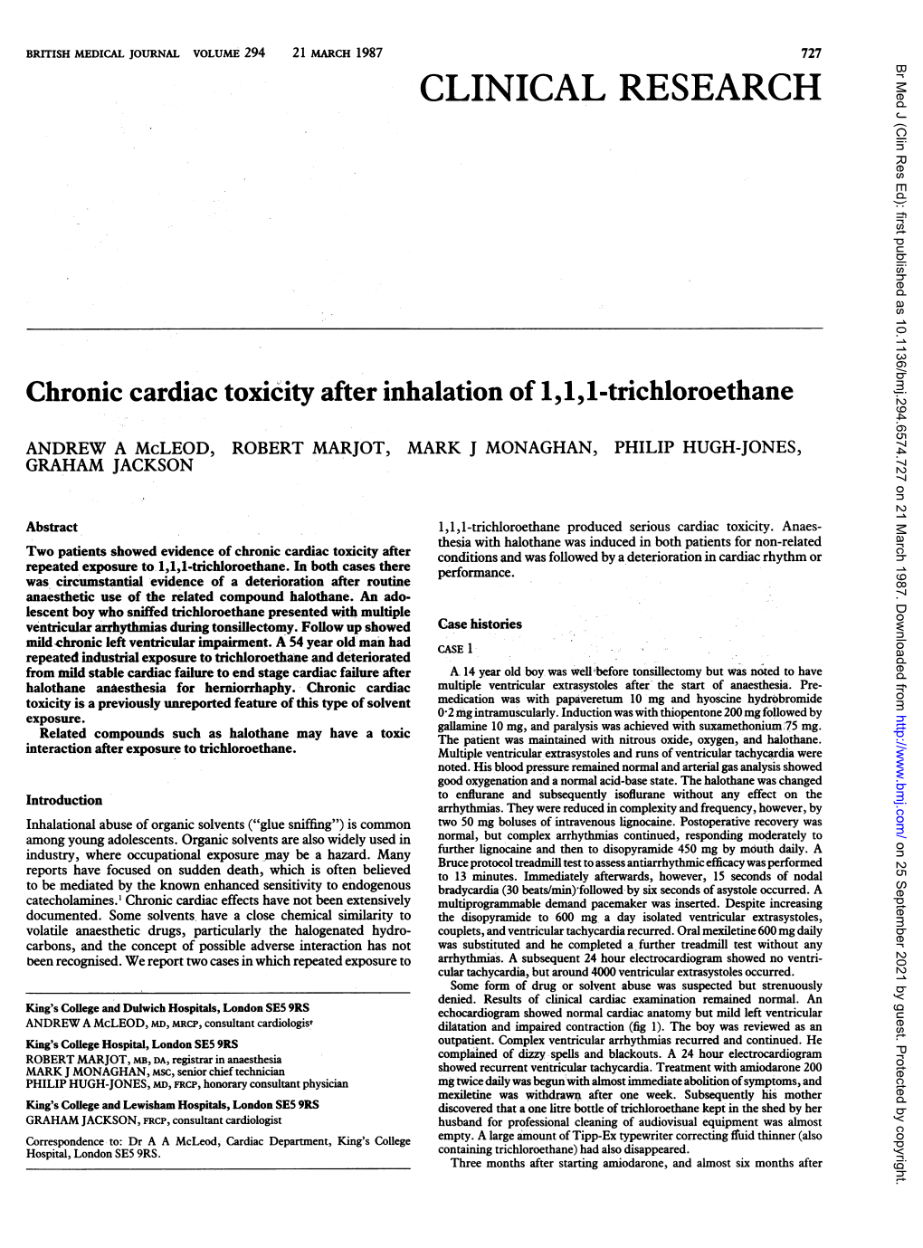 Chronic Cardiac Toxicity After Inhalation Of1,1,1-Trichloroethane