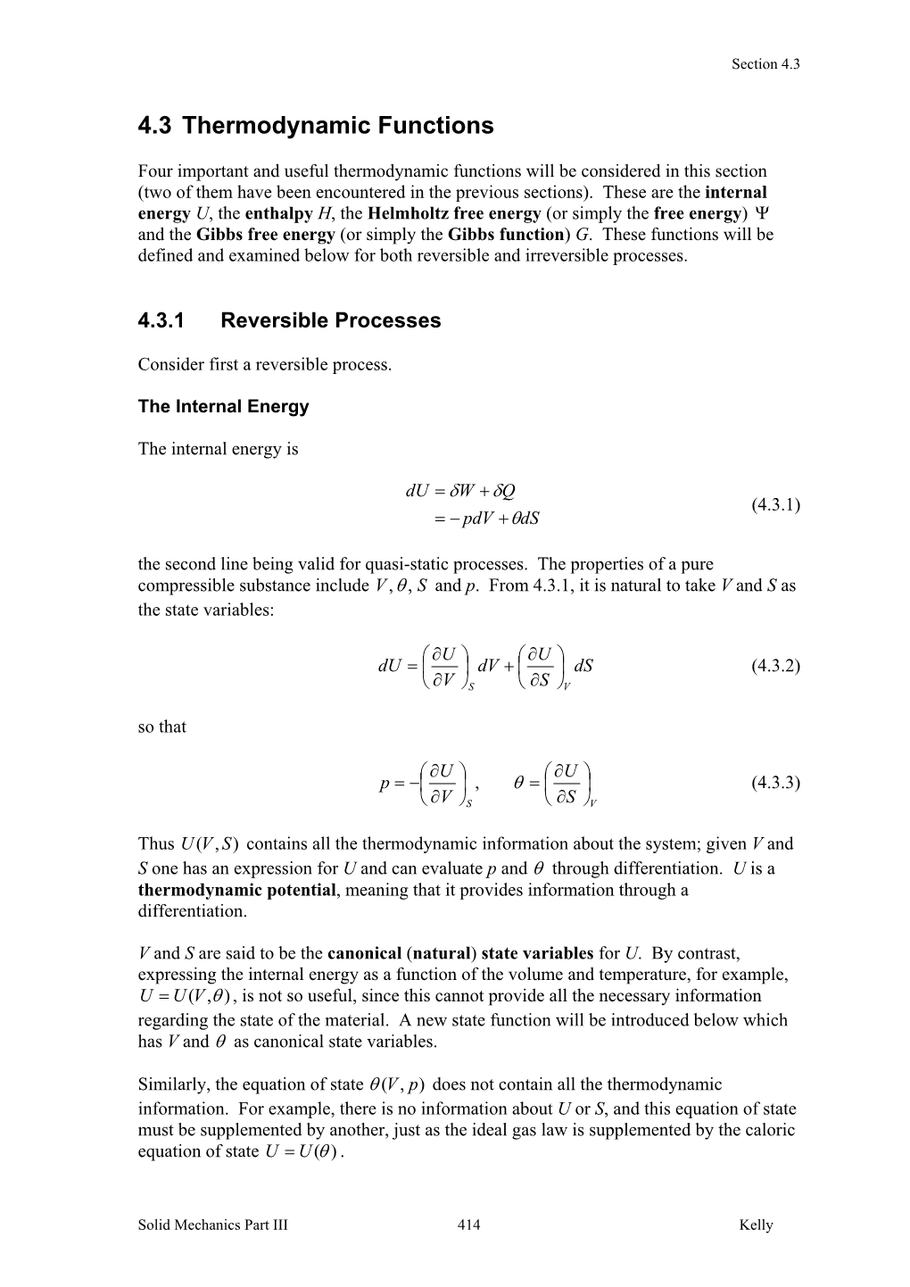 4.3 Thermodynamic Functions