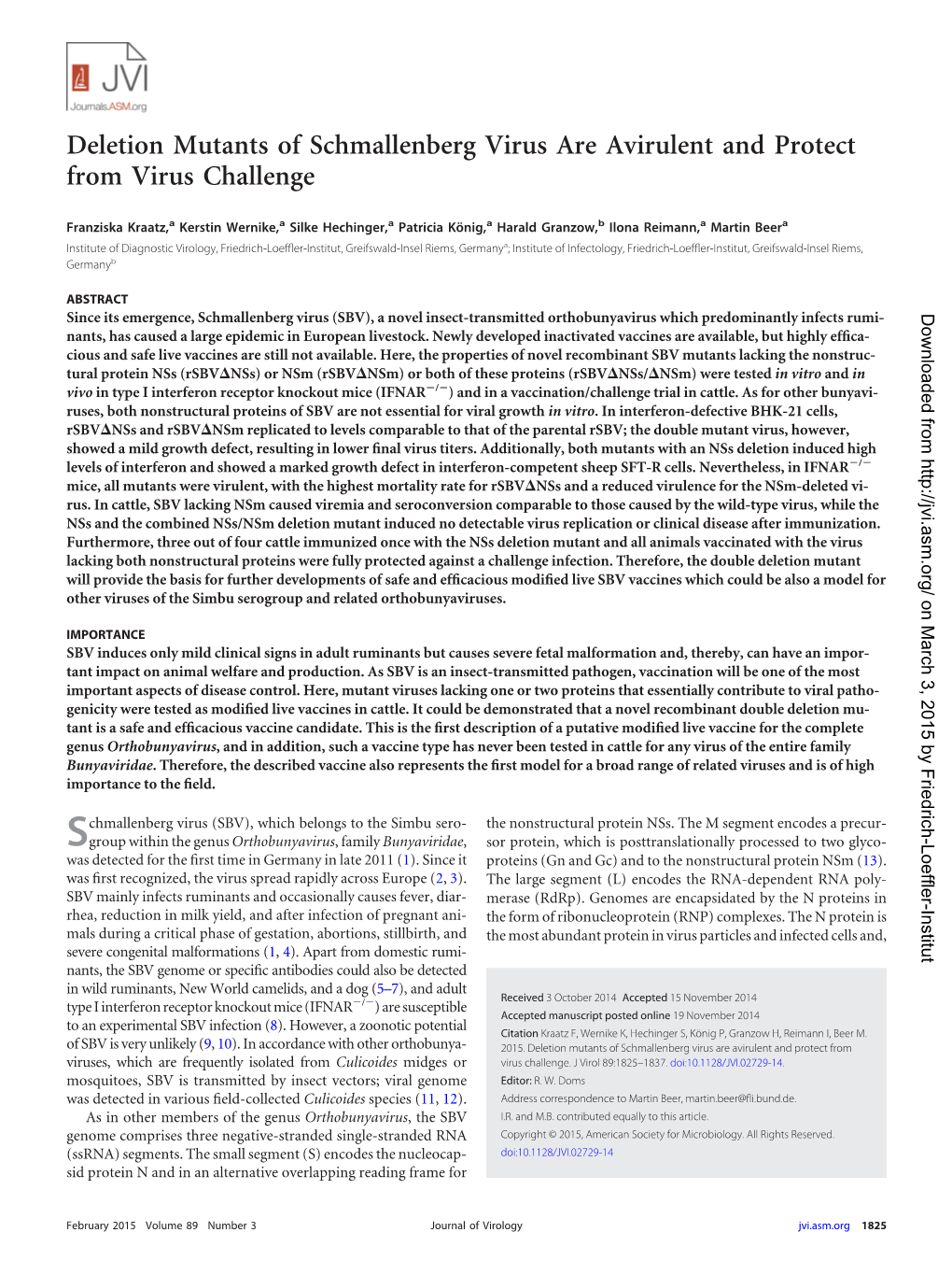 Deletion Mutants of Schmallenberg Virus Are Avirulent and Protect from Virus Challenge