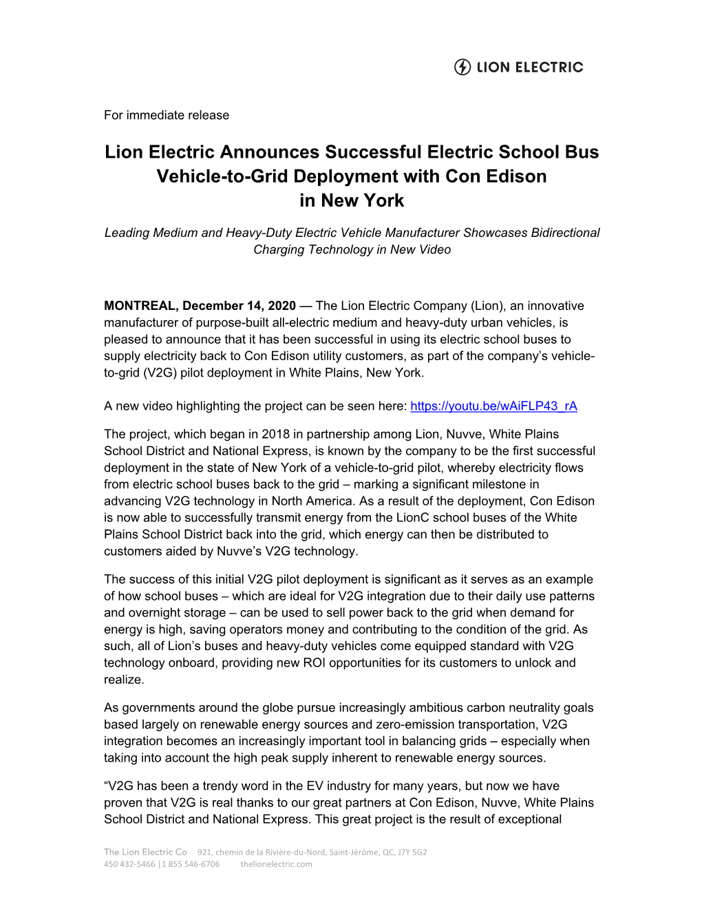 Lion Electric Announces Successful Electric School Bus Vehicle-To-Grid Deployment with Con Edison in New York