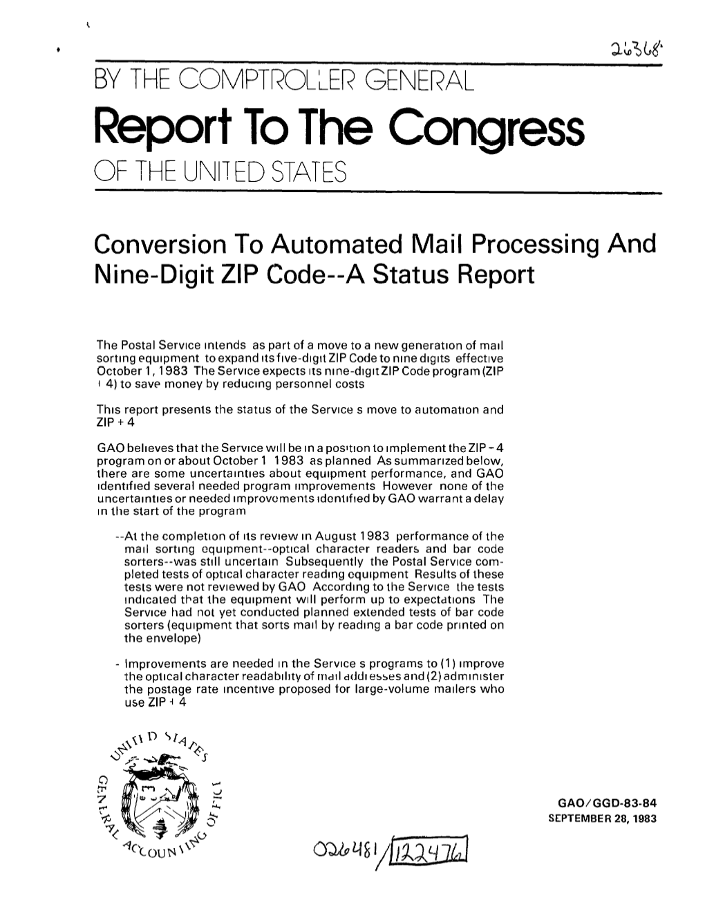 GGD-83-84 Conversion to Automated Mail Processing and Nine