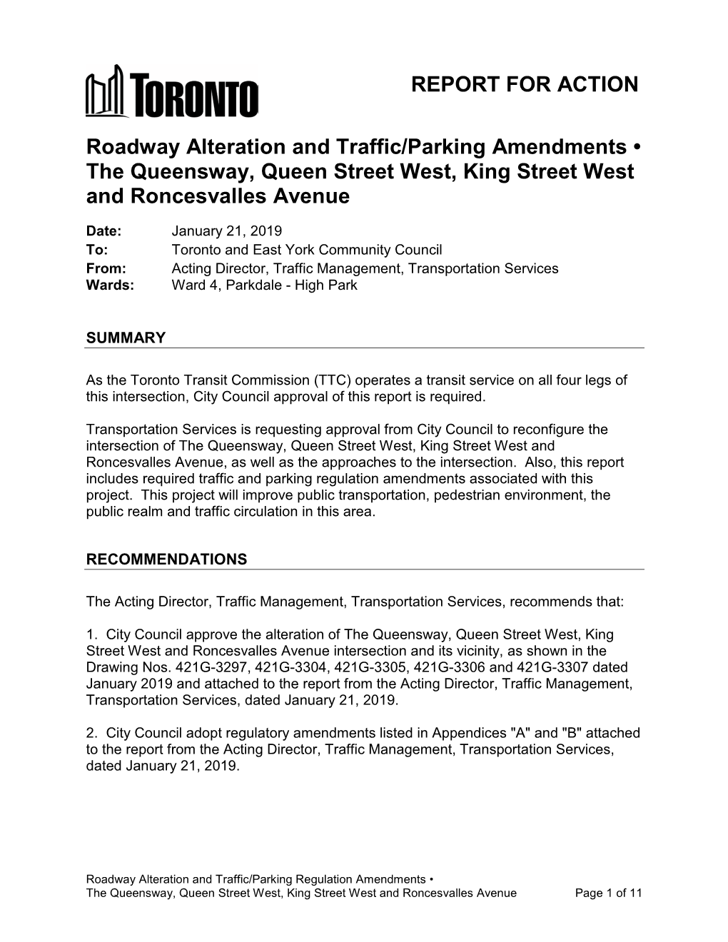 Roadway Alteration and Traffic/Parking Amendments ­ the Queensway, Queen Street West, King Street West and Roncesvalles Avenue