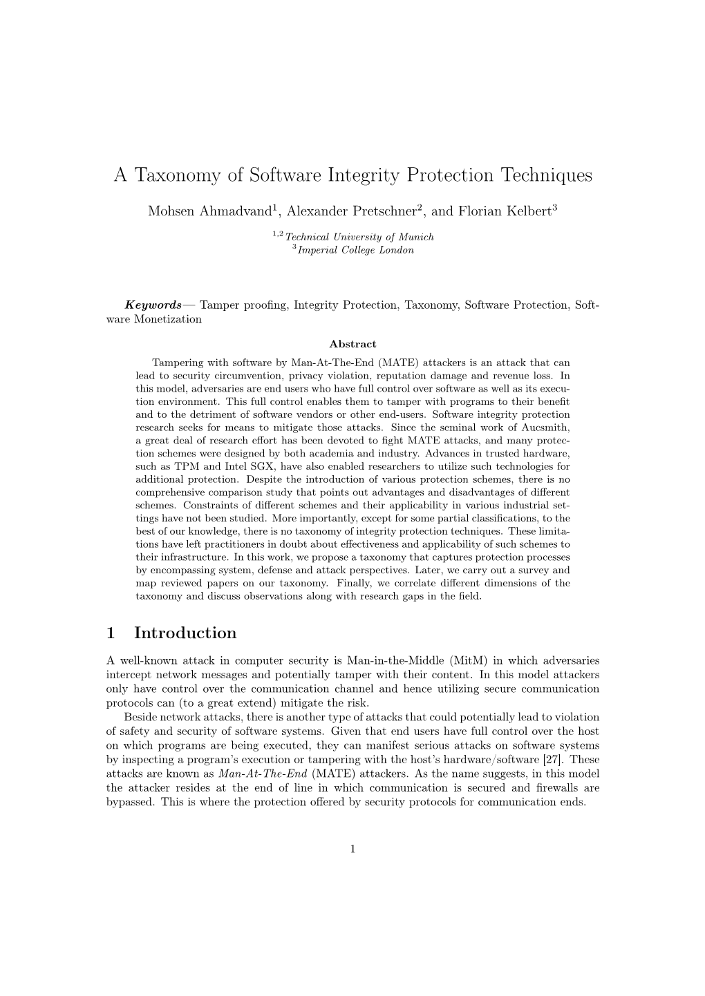 A Taxonomy of Software Integrity Protection Techniques