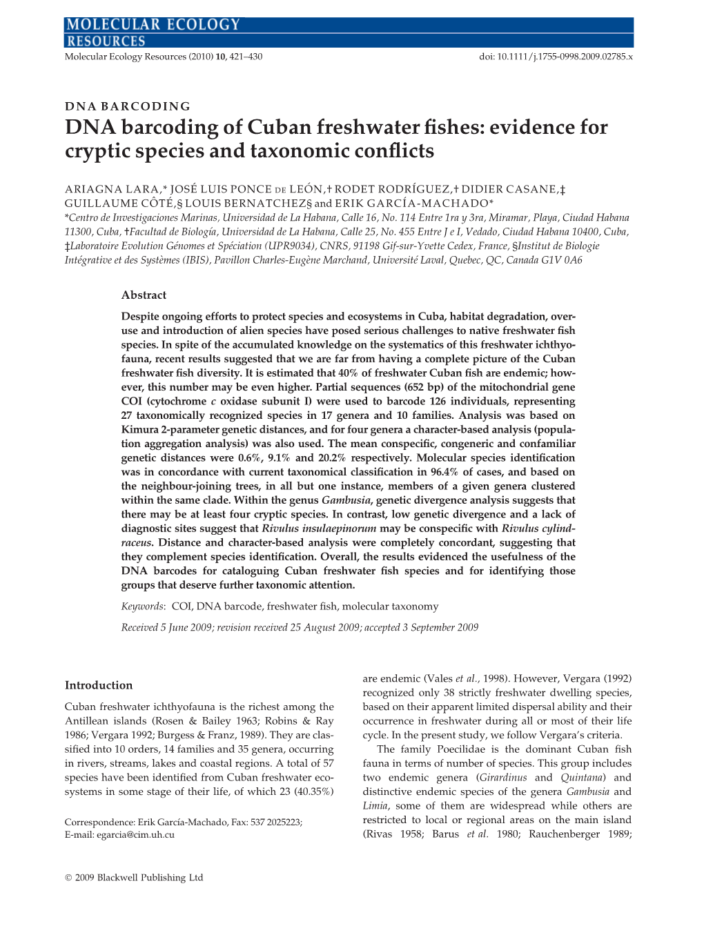 DNA Barcoding of Cuban Freshwater Fishes