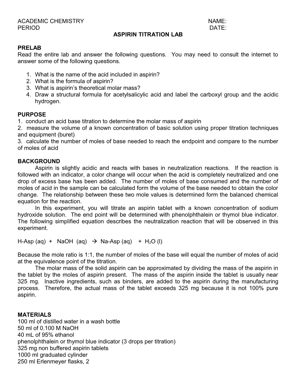 Aspirin Titration Lab