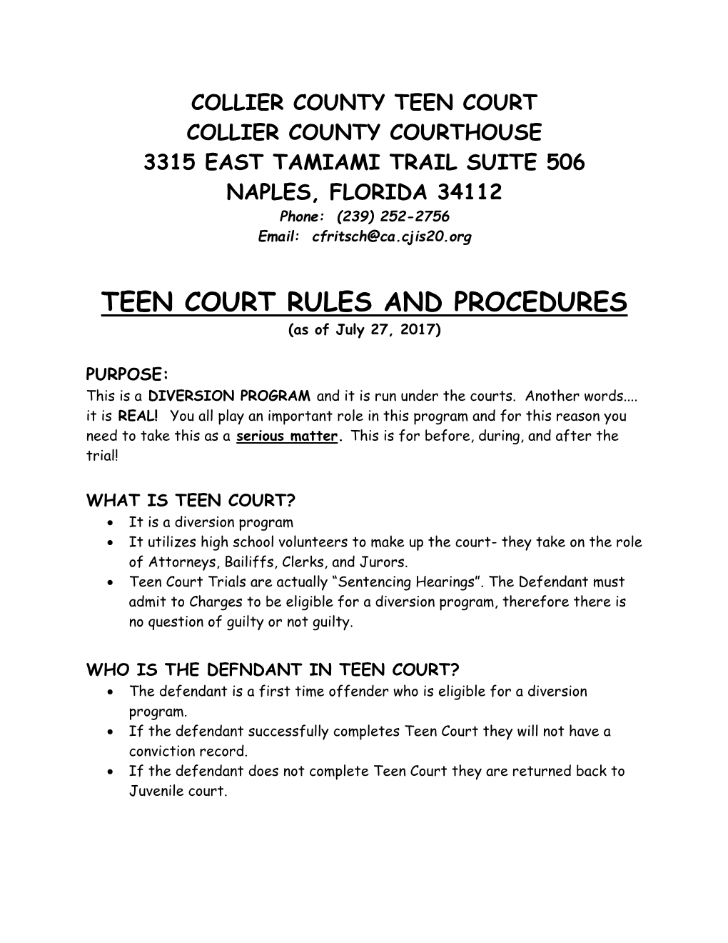 TEEN COURT RULES and PROCEDURES (As of July 27, 2017)