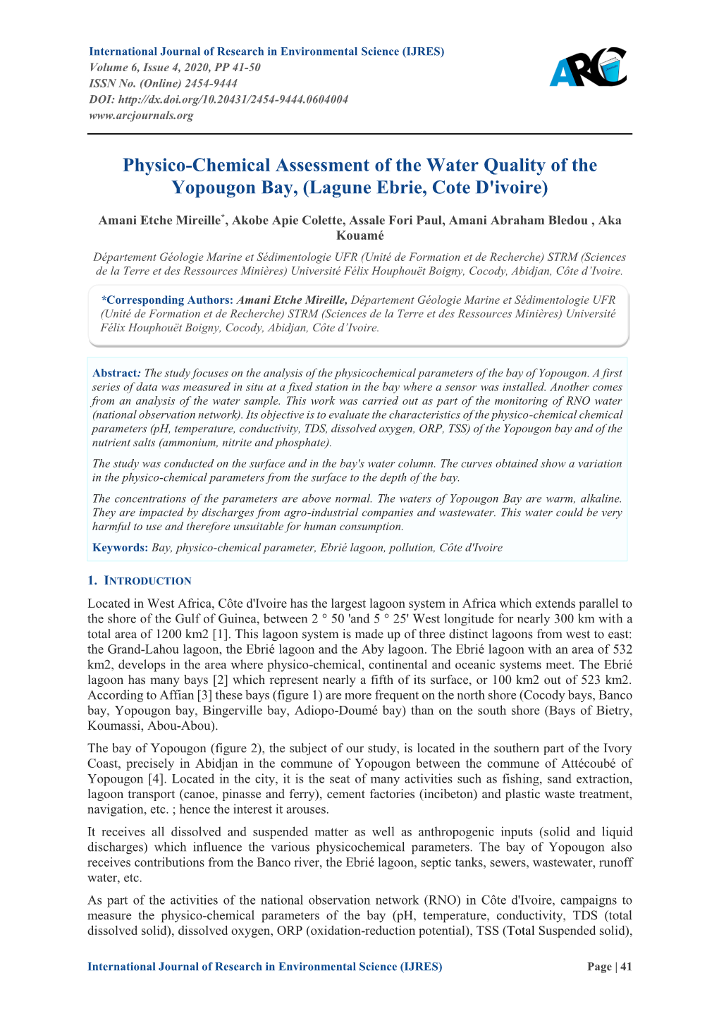 Physico-Chemical Assessment of the Water Quality of the Yopougon Bay, (Lagune Ebrie, Cote D'ivoire)