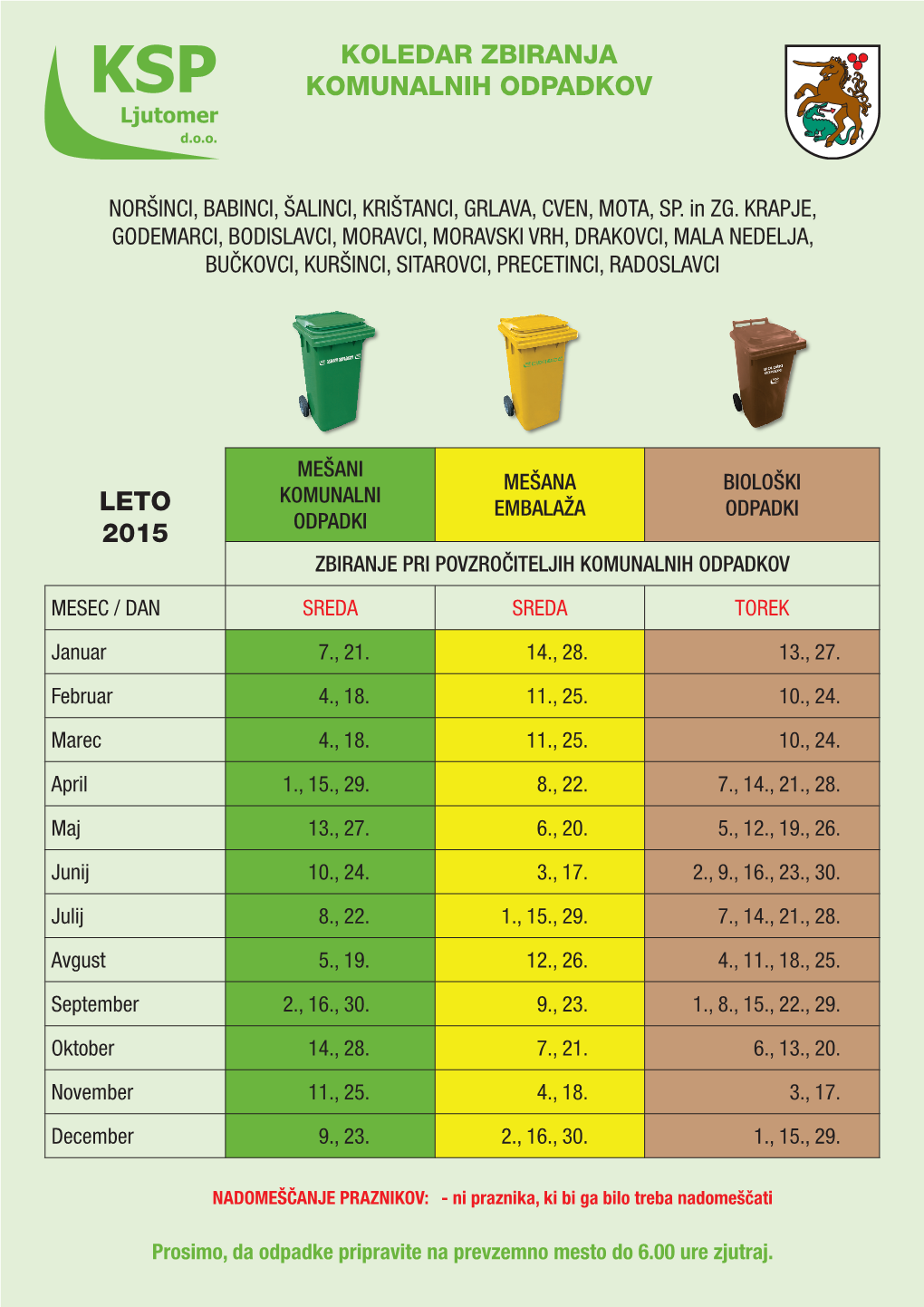 Koledar Zbiranja Komunalnih Odpadkov Leto 2015