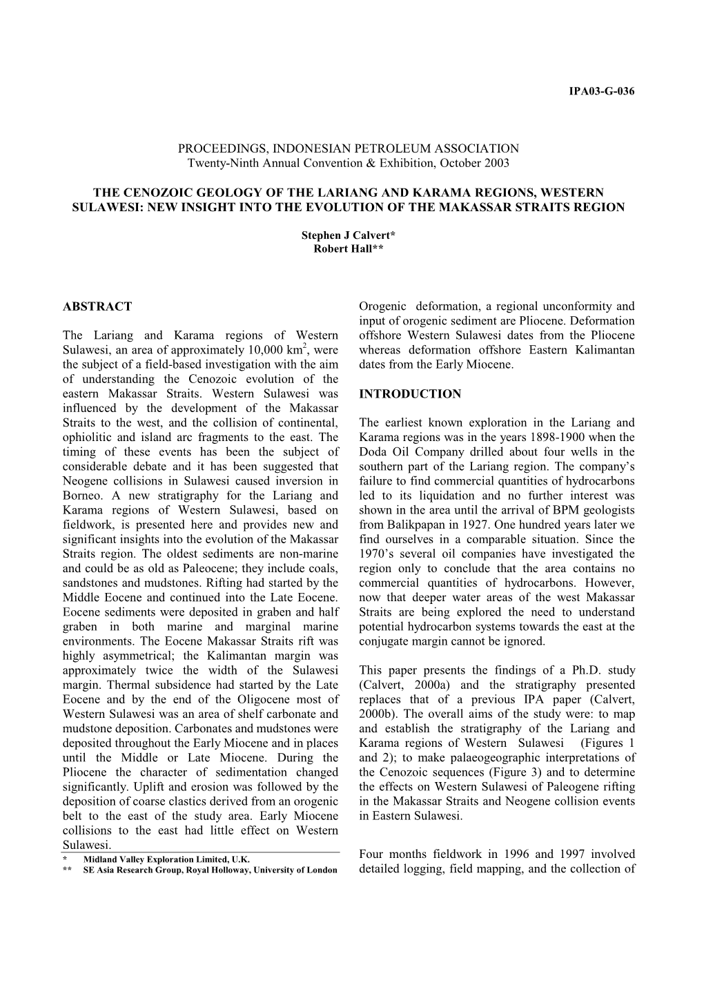 PROCEEDINGS, INDONESIAN PETROLEUM ASSOCIATION Twenty-Ninth Annual Convention & Exhibition, October 2003