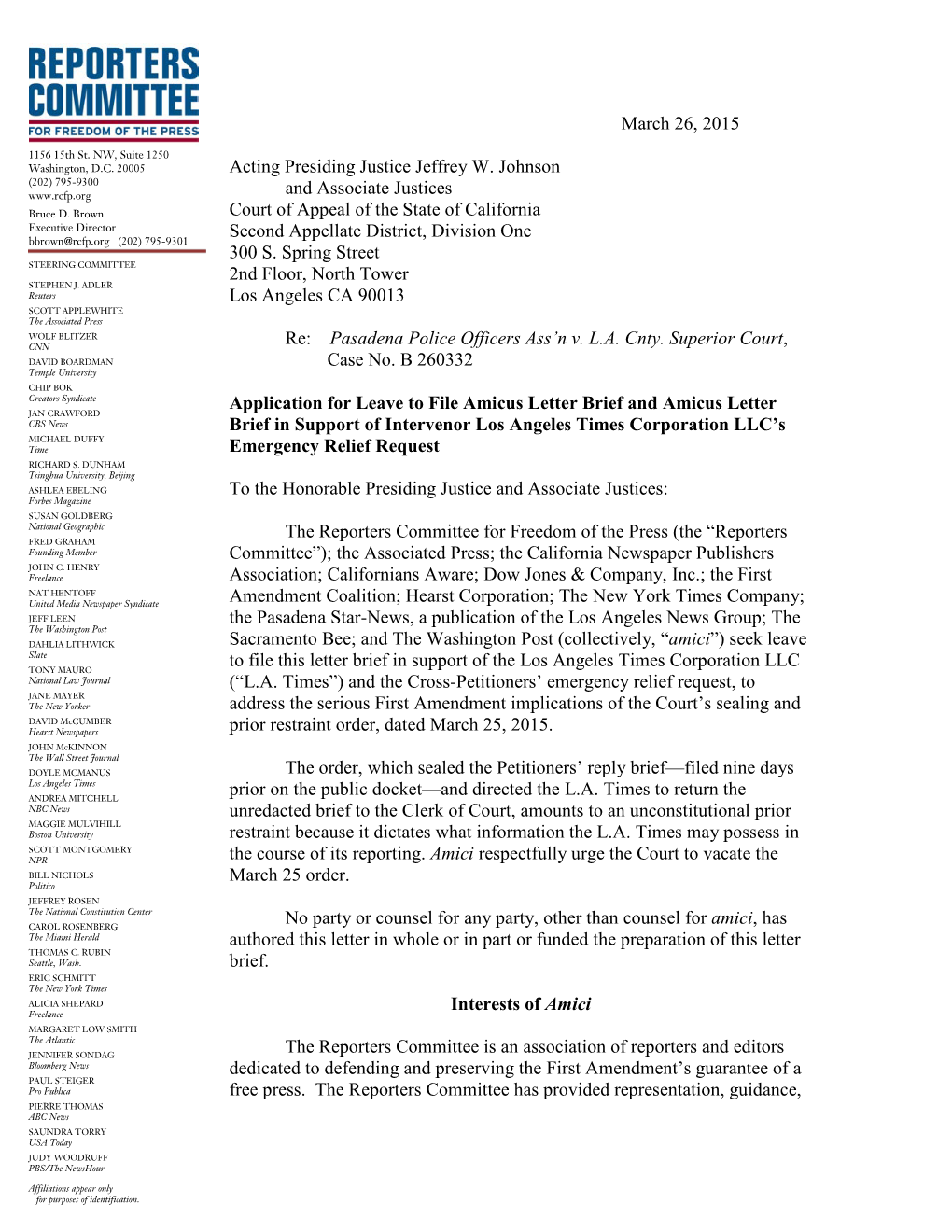 March 26, 2015 Acting Presiding Justice Jeffrey W. Johnson and Associate Justices Court of Appeal of the State of California