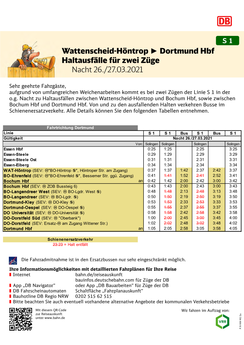 Wattenscheid-Höntrop Dortmund Hbf Haltausfälle Für Zwei Züge Nacht 26