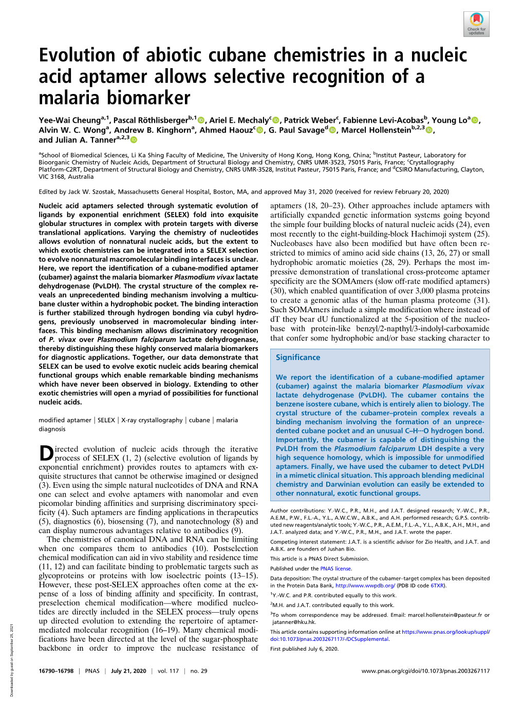 Evolution of Abiotic Cubane Chemistries in a Nucleic Acid Aptamer Allows Selective Recognition of a Malaria Biomarker