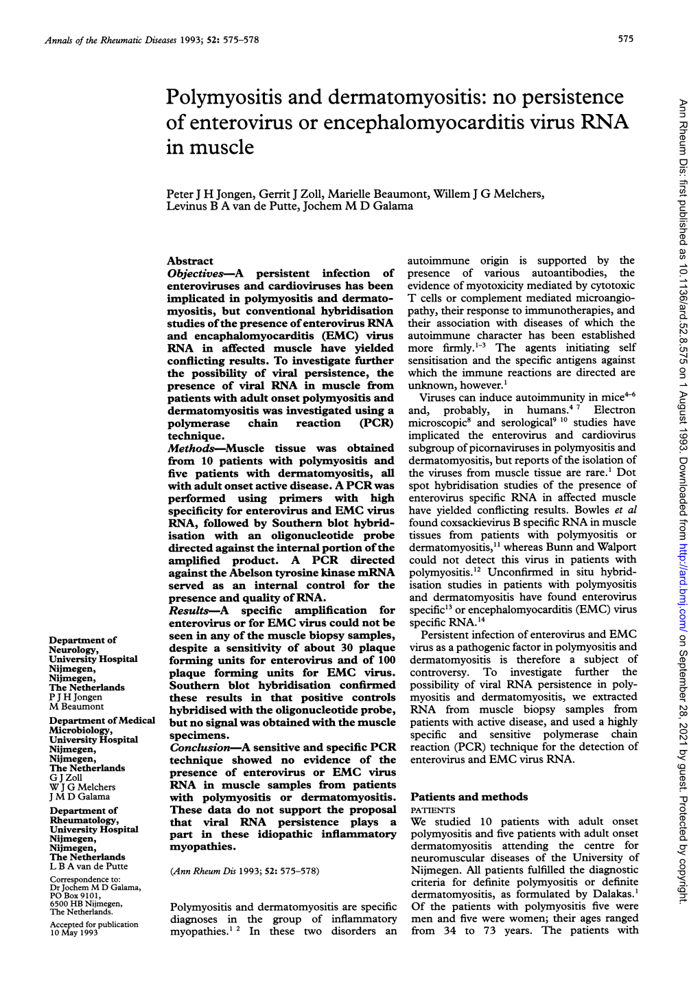 Of Enterovirus Or Encephalomyocarditis Virus RNA in Muscle